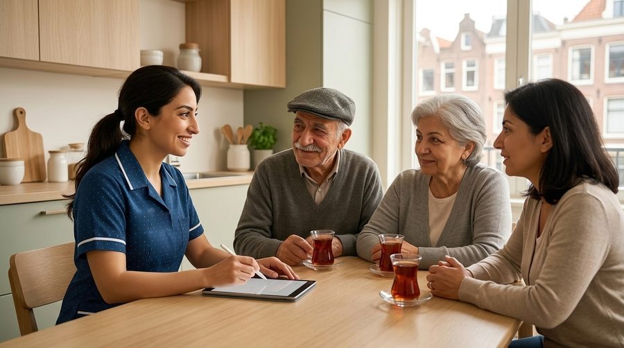 Een zorgverlener voert een intakegesprek met een ouder echtpaar en hun dochter aan de keukentafel