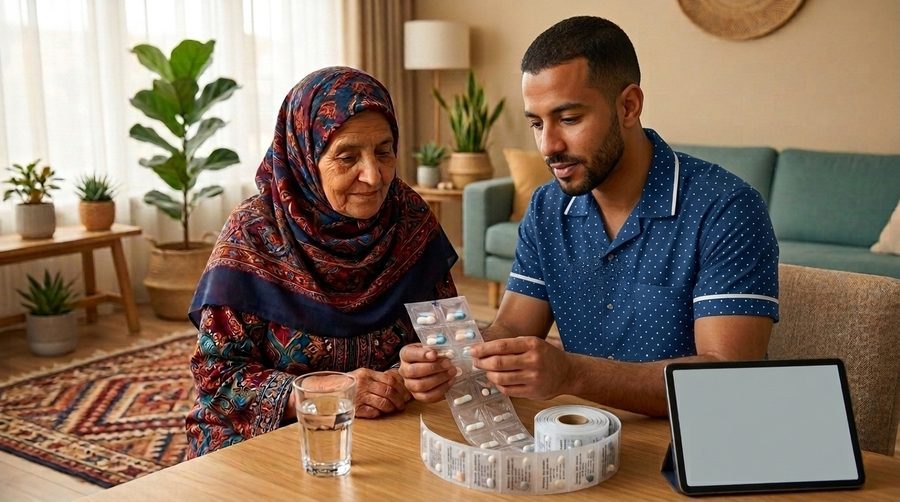 Een zorgverlener laat een oudere vrouw haar medicijnzakjes zien, met een glas water op tafel