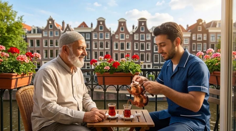Een zorgverlener schenkt thee voor een oudere man op zijn balkon in Amsterdam