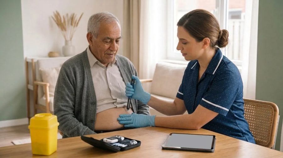 Een verzorgende IG met handschoenen geeft een oudere man thuis zijn insuline-injectie aan de keukentafel